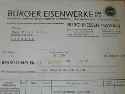 Eisenwerke Burg b. Ehringshausen / Wetzlar , 1938 , Reklame , altes Dokument !!