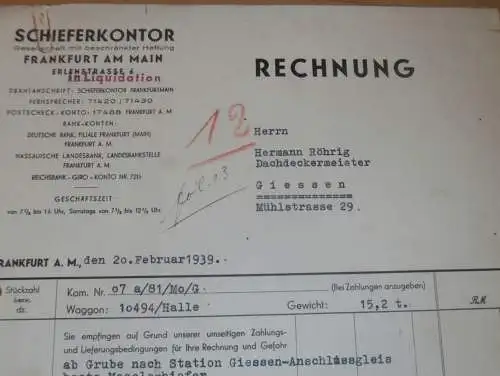 Schieferkontor in Frankfurt a. Main , 1939 , Schiefer , Reklame , altes Dokument !!