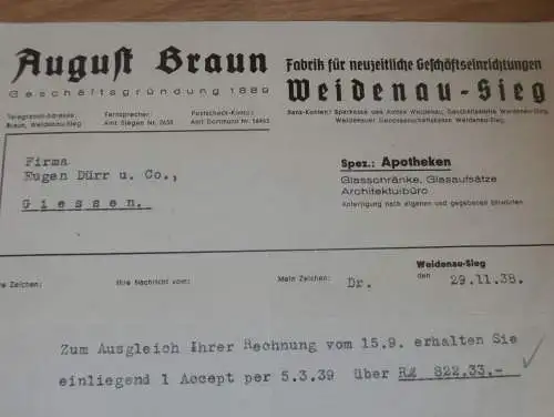 Fabrik für Einrichtungen - August Braun in Weidenau-Sieg , 1938 , Reklame , altes Dokument !!