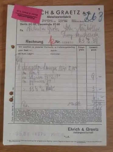 Metallwarenfabrik Ehrich & Graetz in Berlin , 1939 , Reklame , altes Dokument