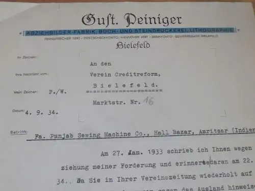 Lithographie und Abziehbilder - Gustav Peiniger in Bielefeld , 1934 , Hall Bazar in Amritsar , Reklame , altes Dokument