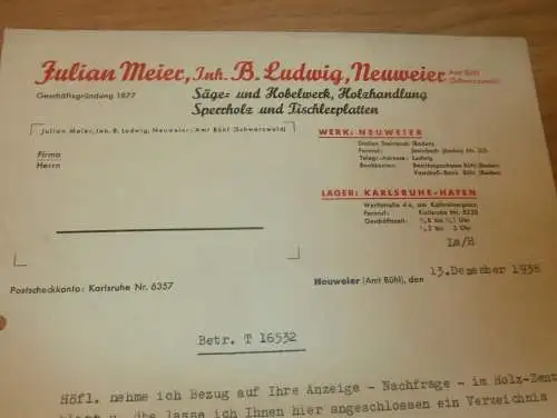 Julian Meier , Inh. B. Ludwig in Neuweier b. Bühl , 1938 , Reklame , altes Dokument !