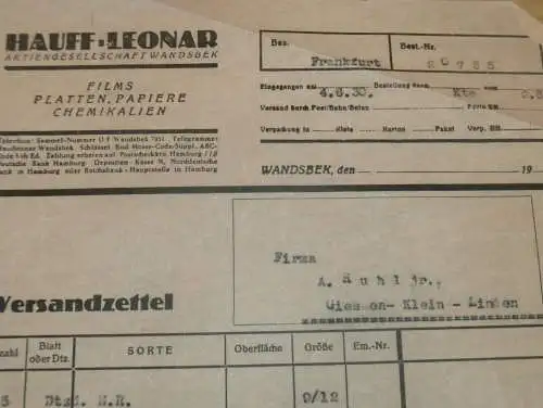 Platten , Filme , Chemikalien - Hauff-Leonar AG in Wandsbek , 1930 , Reklame , altes Dokument !