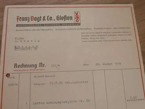 Büromaschinen Franz Vogt & Co. in Gießen , 1939 , Reklame , Giessen , altes Dokument !