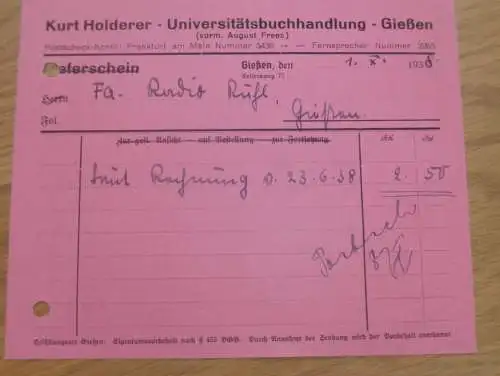 Buchhandlung - Kurt Holderer in Gießen , 1938 , Reklame , Giessen , altes Dokument !