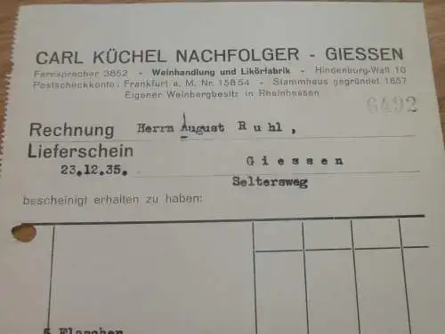 Weinhandlung und Likörfabrik Carl Küchel in Gießen , 1935 , Reklame , Giessen , altes Dokument !