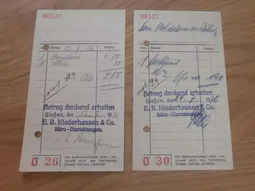 2x Büro-Einrichtungen E.R. Niederhausen & Co in Gießen , 1936 , Reklame , Giessen , altes Dokument !