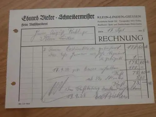 Schneidermeister Eduard Bieker in Gießen , 1938 , Reklame , Giessen , altes Dokument !