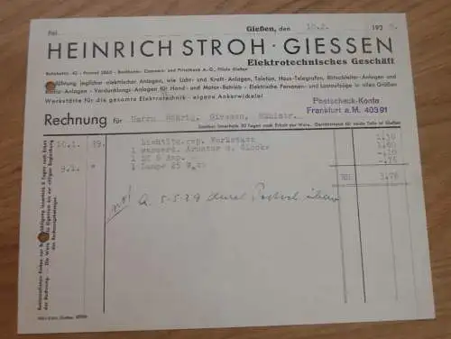 Elektrotechnik Heinrich Stroh in Gießen , 1939 , Reklame , Giessen , altes Dokument !