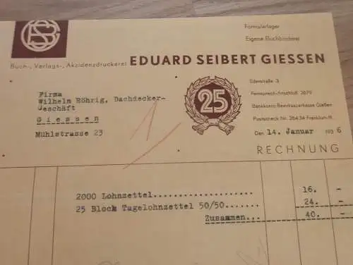 Druckerei Eduard Seibert in Gießen , 1936 , Reklame , Giessen , altes Dokument !