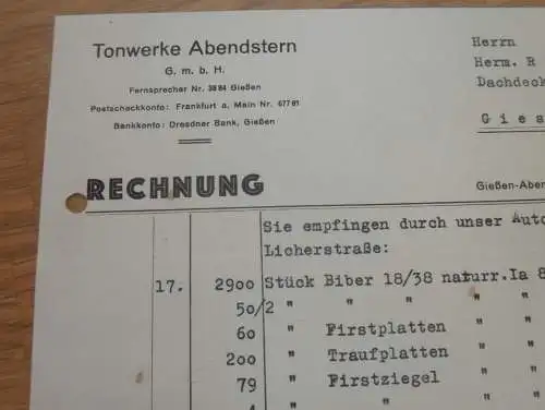 Tonwerke Abendstern in Gießen , 1933 , Reklame , Giessen , altes Dokument !