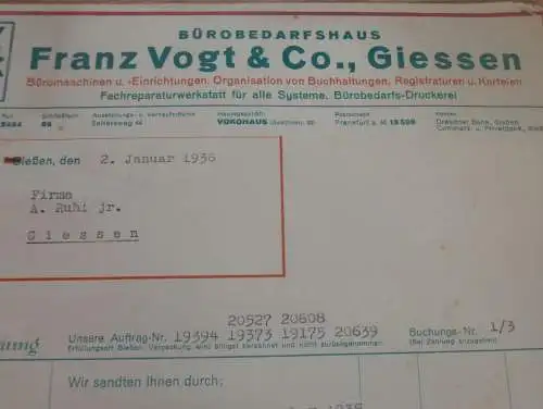 Bürobedarf Franz Vogt & Co. in Gießen , 1936 , Reklame , Giessen , altes Dokument !