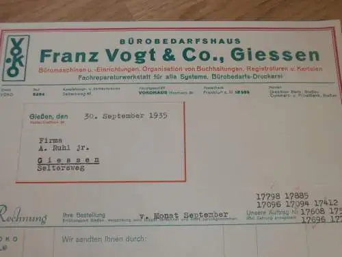 Bürobedarf Franz Vogt & Co.. in Gießen , 1935 , Reklame , Giessen , altes Dokument !