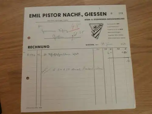 Eisenwaren - Emil Pistor Nachf. in Gießen , 1939 , Reklame , Giessen , altes Dokument !