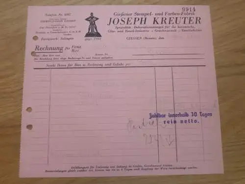 Stempelfabrik Joseph Kreuter in Gießen , 1935 , Reklame , Giessen , altes Dokument !