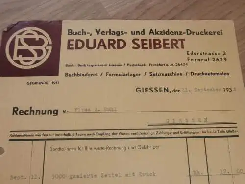 Buchverlag Eduard Seibert in Gießen , 1934 , Reklame , Giessen , altes Dokument !