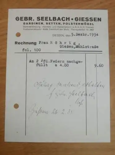 Gebrüder Seelbach in Gießen , 1934 , Reklame , Giessen , altes Dokument !