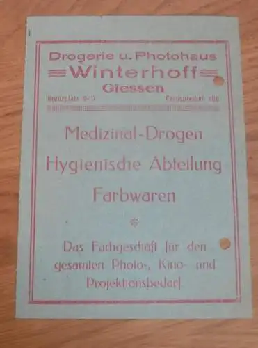 Drogerie und Photohaus Winterhoff in Gießen , 1931 , Reklame , Giessen , altes Dokument !