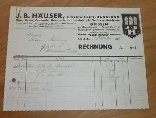 Eisenwaren-Handlung J.B. Häusler in Gießen , 1939 , Reklame , Giessen , altes Dokument !