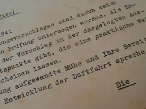 Reichsminister der Luftfahrt - 5.Mai 1941 , Brief zur Erfindung - Luftfrachter , Franz Höbel in Reutte i. Tirol !!