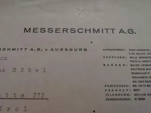 Messerschmitt AG in Augsburg - 21.5.1941 -Brief mit Anwortschreiben , Erfindung , Franz Höbel in Reutte i. Tirol !!