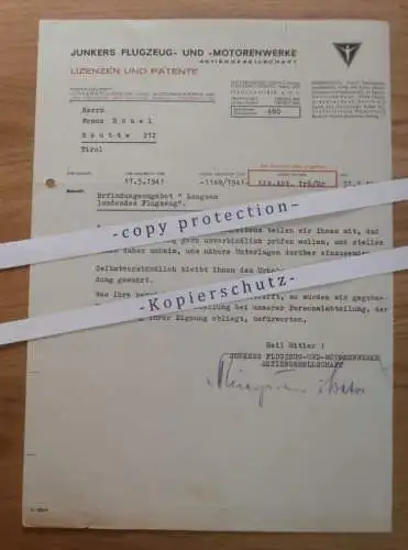 Junkers Flugzeug- und Motorenwerke AG , 31.5.1941 ,Brief zur Erfindung , Patent ,Franz Höbel in Reutte i. Tirol , Dessau