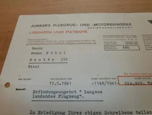 Junkers Flugzeug- und Motorenwerke AG , 31.5.1941 ,Brief zur Erfindung , Patent ,Franz Höbel in Reutte i. Tirol , Dessau