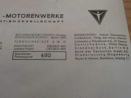 Junkers Flugzeug- und Motorenwerke AG , 31.5.1941 ,Brief zur Erfindung , Patent ,Franz Höbel in Reutte i. Tirol , Dessau