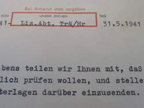 Junkers Flugzeug- und Motorenwerke AG , 31.5.1941 ,Brief zur Erfindung , Patent ,Franz Höbel in Reutte i. Tirol , Dessau