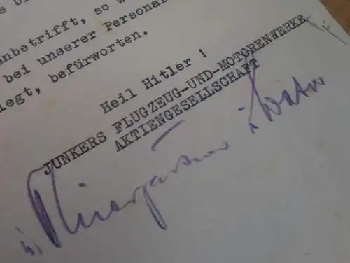 Junkers Flugzeug- und Motorenwerke AG , 31.5.1941 ,Brief zur Erfindung , Patent ,Franz Höbel in Reutte i. Tirol , Dessau