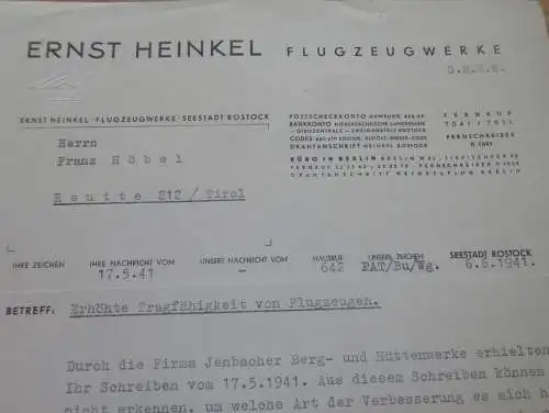 Patentabteilung Ernst Heinkel Flugzeugwerke Rostock - 6.6.1941 -Brief mit Anwortschreiben Franz Höbel in Reutte i. Tirol