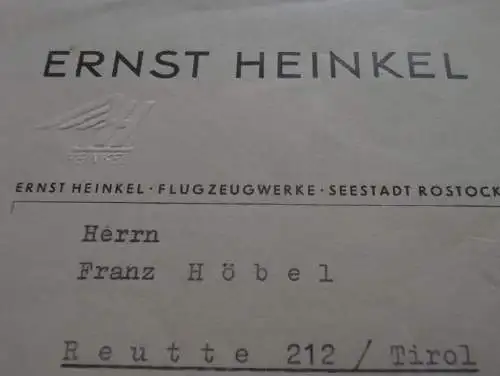 Patentabteilung Ernst Heinkel Flugzeugwerke Rostock - 6.6.1941 -Brief mit Anwortschreiben Franz Höbel in Reutte i. Tirol
