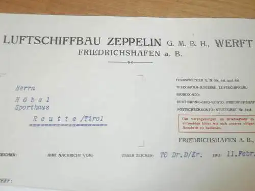 Luftschiffbau Zeppelin - Werft Friedrichshafen a.B. - 1938 - Brief mit Anwortschreiben Franz Höbel in Reutte i. Tirol !!