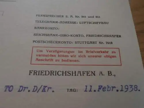 Luftschiffbau Zeppelin - Werft Friedrichshafen a.B. - 1938 - Brief mit Anwortschreiben Franz Höbel in Reutte i. Tirol !!