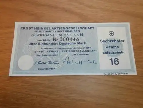 Ernst Heinkel AG in Stuttgart Zuffenhausen , 1967 , Gewinnanteilschein zur Aktie , 100 DM , Flugzeug !!!