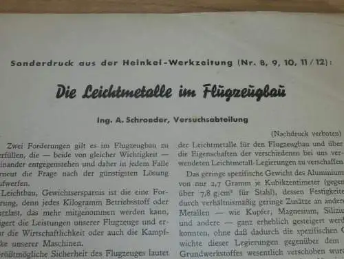 Sonderdruck - Heinkel Werkszeitung 1939 - Versuchsabteilung - Rostock , Flugzeug , Flugzeugbau , Flieger !!!