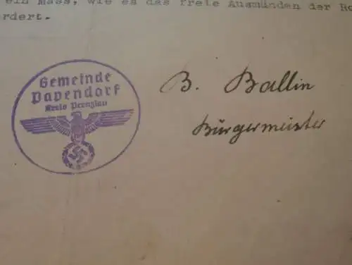 Bürgermeister der Gemeinde Papendorf b. Prenzlau , 1943 , B. Ballin , Regierung Potsdam , H. Näse , R. Breitsprecher !!!
