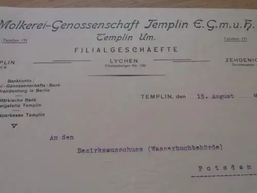 Molkerei - Genossenschaft Templin i. Um. , 1930 , Filialen in Lychen und Zehdenick , Brunnen , Pumpe !!