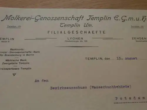 Molkerei - Genossenschaft Templin i. Um. , 1930 , Filialen in Lychen und Zehdenick , Brunnen , Pumpe !!