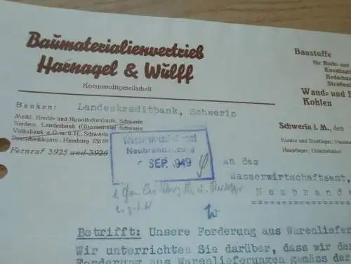 Baumaterialienvertrieb Harnagel & Wulf KG in Schwerin , 1949 , Mecklenburg , Bau , Wasserwirtschaft !!