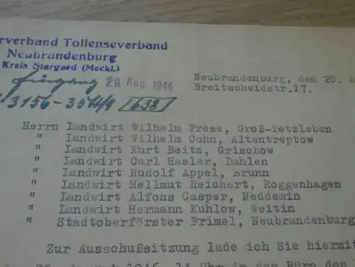 Neubrandenburg i. Mecklenburg , 1946 , Wasserverband Tollense , Sitzung mit Landwirten aus Grischow , Weitin , Brunn !!