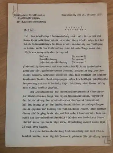 Arbeitslager Neubrandenburg i. Mecklenburg , 1933, Bauarbeiten , von Bonin , von Bülow , Neustrelitz , Staatsministerium