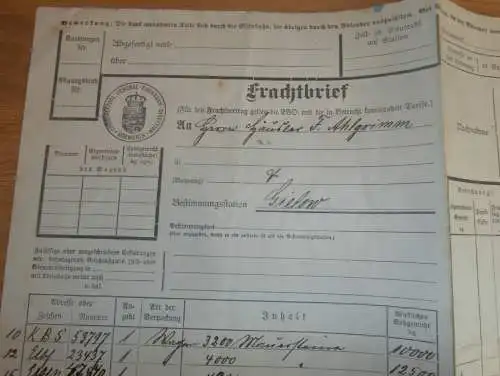 Fritz Ahlgrimm in Gielow i. Mecklenburg , 1909 , alter Frachtbrief , Meckl. F.F. Eisenbahn , Malchin , Stempel Marken !
