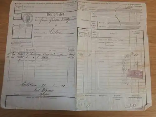 Fritz Ahlgrimm in Gielow i. Mecklenburg , 1909 , alter Frachtbrief , Meckl. F.F. Eisenbahn , Malchin , Stempel Marken !