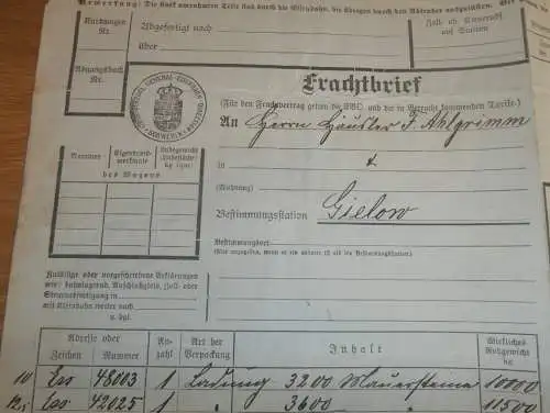 Fritz Ahlgrimm in Gielow i. Mecklenburg , 1909 , alter Frachtbrief , Meckl. F.F. Eisenbahn , Malchin , Stempel Marken !