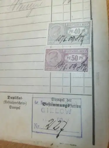 Fritz Ahlgrimm in Gielow i. Mecklenburg , 1909 , alter Frachtbrief , Meckl. F.F. Eisenbahn , Malchin , Stempel Marken !