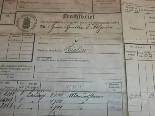 Fritz Ahlgrimm in Gielow i. Mecklenburg , 1909 , alter Frachtbrief , Meckl. F.F. Eisenbahn , Malchin , Stempel Marken !
