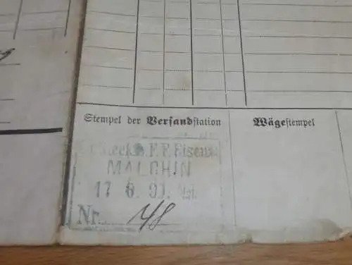 Fritz Ahlgrimm in Gielow i. Mecklenburg , 1909 , alter Frachtbrief , Meckl. F.F. Eisenbahn , Malchin , Stempel Marken !