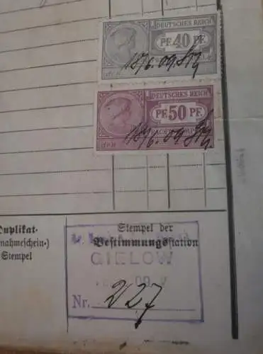 Fritz Ahlgrimm in Gielow i. Mecklenburg , 1909 , alter Frachtbrief , Meckl. F.F. Eisenbahn , Malchin , Stempel Marken !