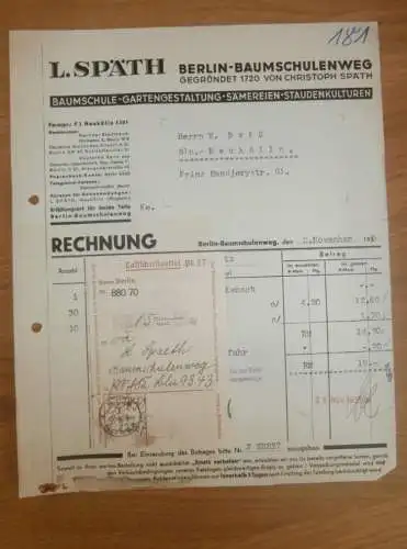 Sämereien-Großhandlung L. Späth in Berlin Baumschulenweg , 1935 , Samen , alte Rechnung !!!